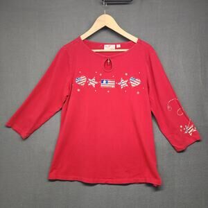 Quacker Factory Red Americana Embroidered Top Womens M 3/4 Sleeve